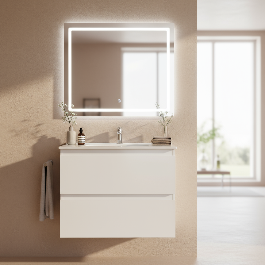 Bathroom vanity with illuminated mirror in a modern setting