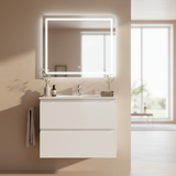 Bathroom vanity with illuminated mirror in a modern setting