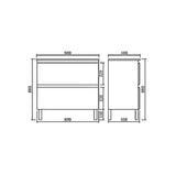 Technical drawing of a free standing vanity 900mm with dimensions labeled