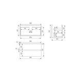 Technical drawing of a vanity with dimensions labeled