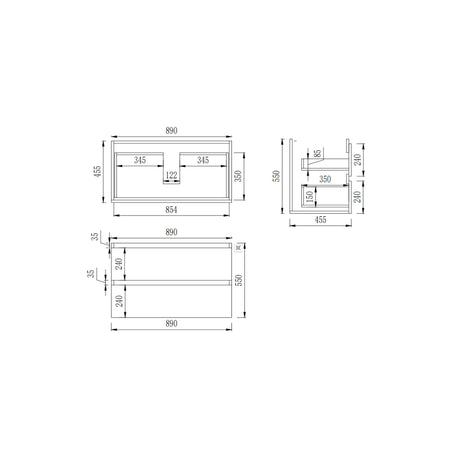 Technical drawing of a vanity with dimensions labeled