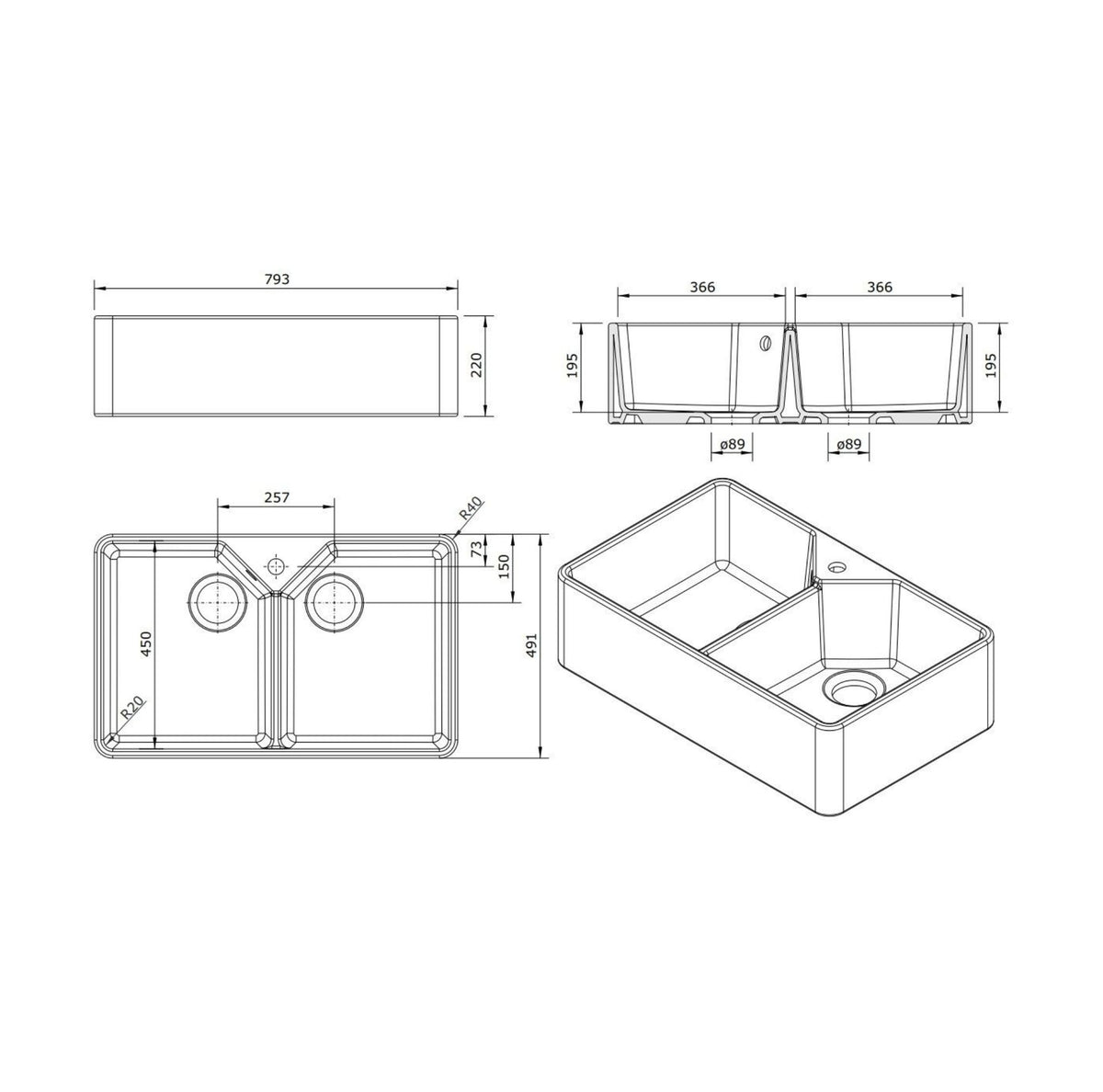Technical line drawing of a double-basin kitchen sink with dimension annotations and an isometric rendering on a white background.