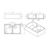 Technical line drawing of a double-basin kitchen sink with dimension annotations and an isometric rendering on a white background.