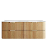 Wooden bathroom vanity with white countertop on a white background