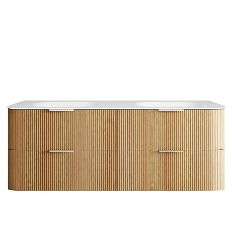 Wooden bathroom vanity with white countertop on a white background