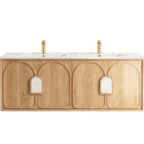 Wooden bathroom vanity with white countertop and brass fixtures on a white background