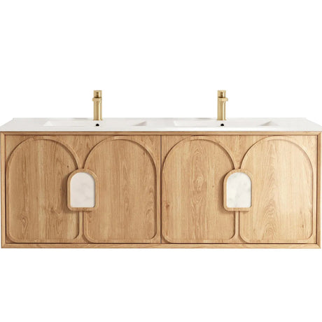 Wooden bathroom vanity with white countertop and brass fixtures on a white background