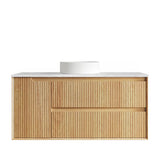 Wooden bathroom vanity with white countertop on a white background