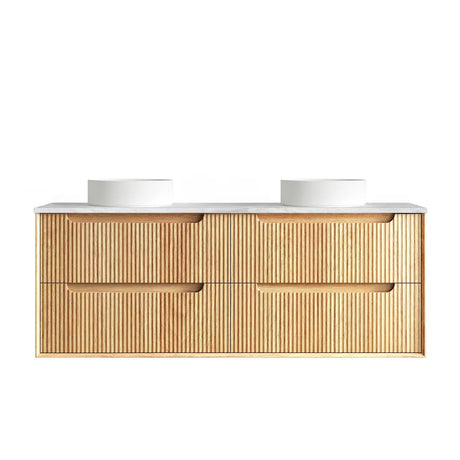 Bathroom vanity with wooden finish and white countertop on a white background