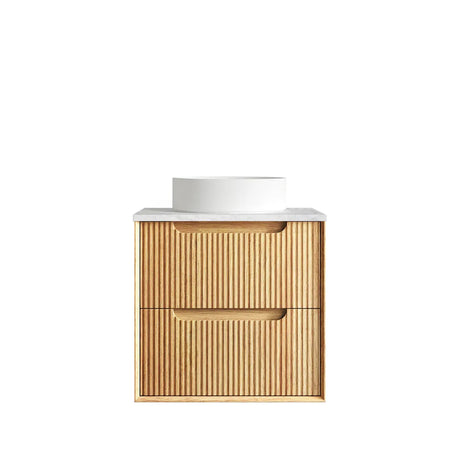 Wooden vanity with white countertop on a white background