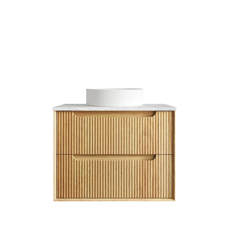 Bathroom vanity with wooden finish and white countertop on a white background