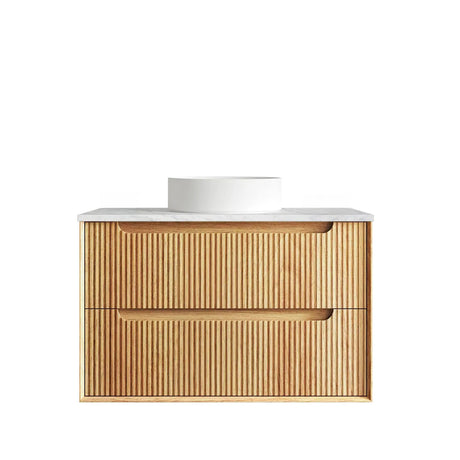 Bathroom vanity with wooden finish and white countertop on a white background