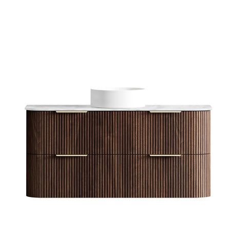 Wooden bathroom vanity with white countertop on a white background