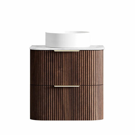 Bathroom vanity with wooden finish and white countertop on a white background