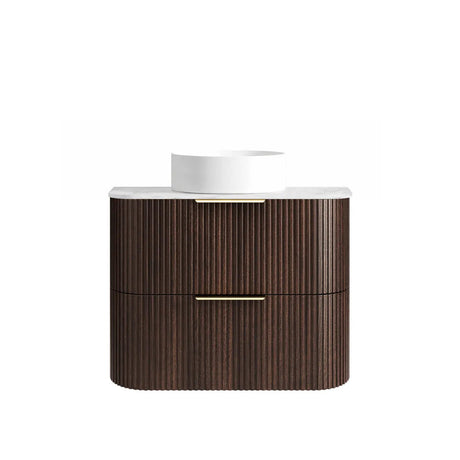 Bathroom vanity with wooden finish and white countertop on a white background