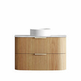 Bathroom vanity with wooden finish and white countertop on a white background