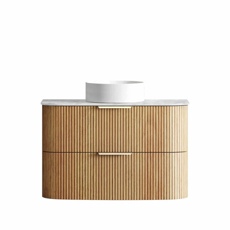 Bathroom vanity with wooden finish and white countertop on a white background