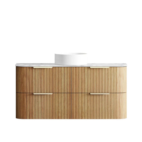 Wooden bathroom vanity with white countertop on a white background