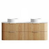 Bathroom vanity with wooden finish and white countertop on a white background