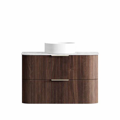Bathroom vanity with wooden finish and white countertop on a white background