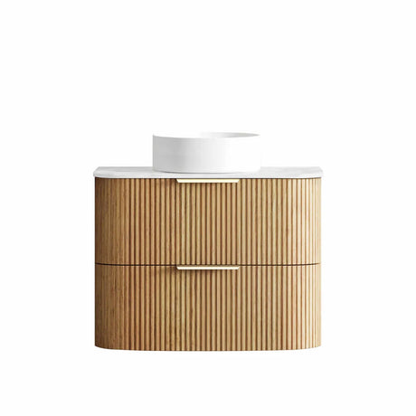 Bathroom vanity with wooden cabinet and white countertop on a white background