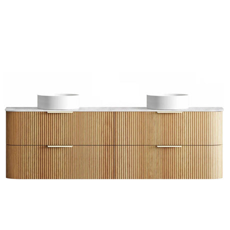 Bathroom vanity with wooden finish and white countertop on a white background