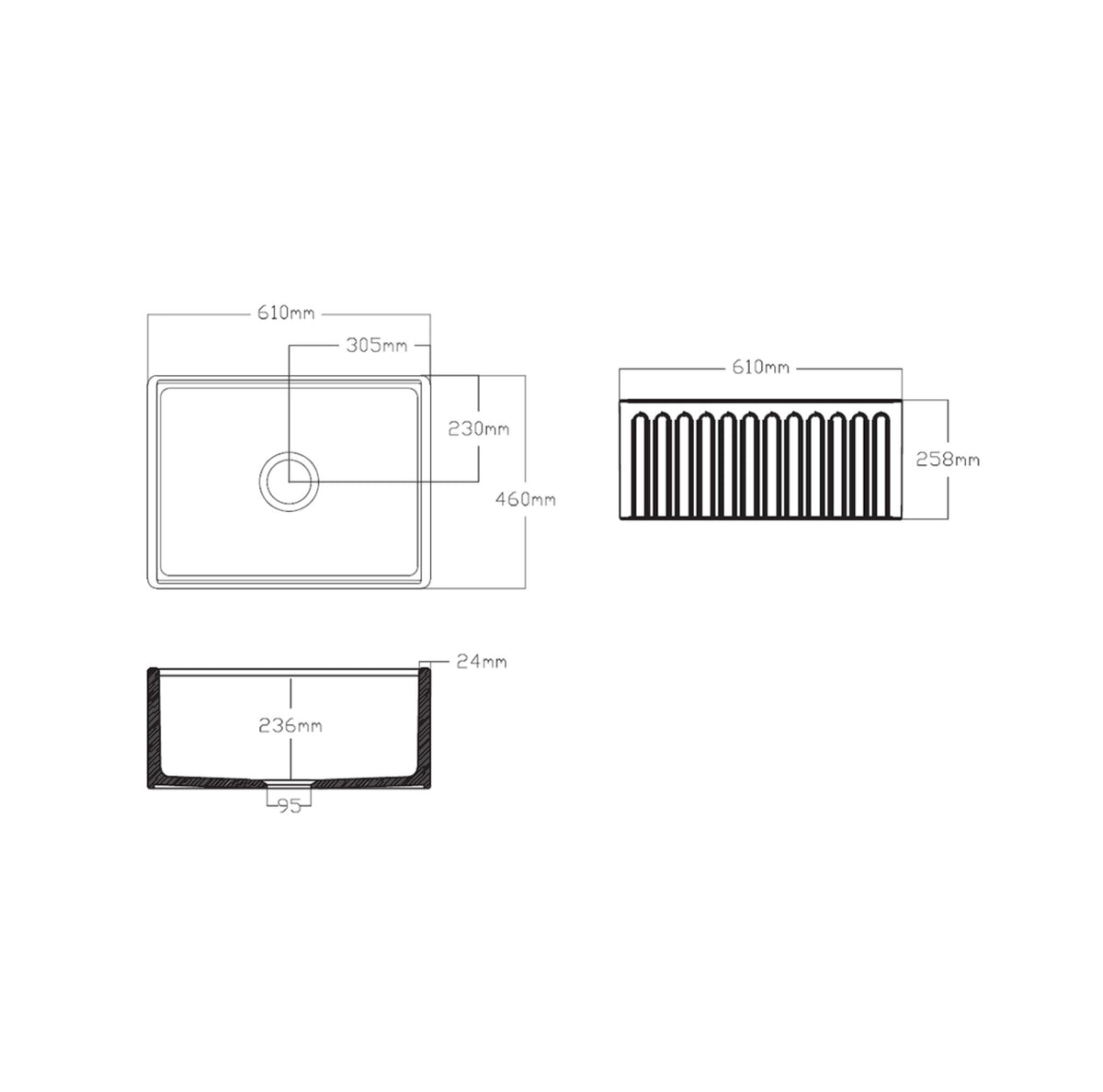 Technical dimension diagram of a rectangular sink, showing top, front, and side views with measurements in millimeters on a white background.