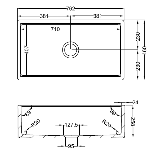Technical drawing of a rectangular object with dimensions