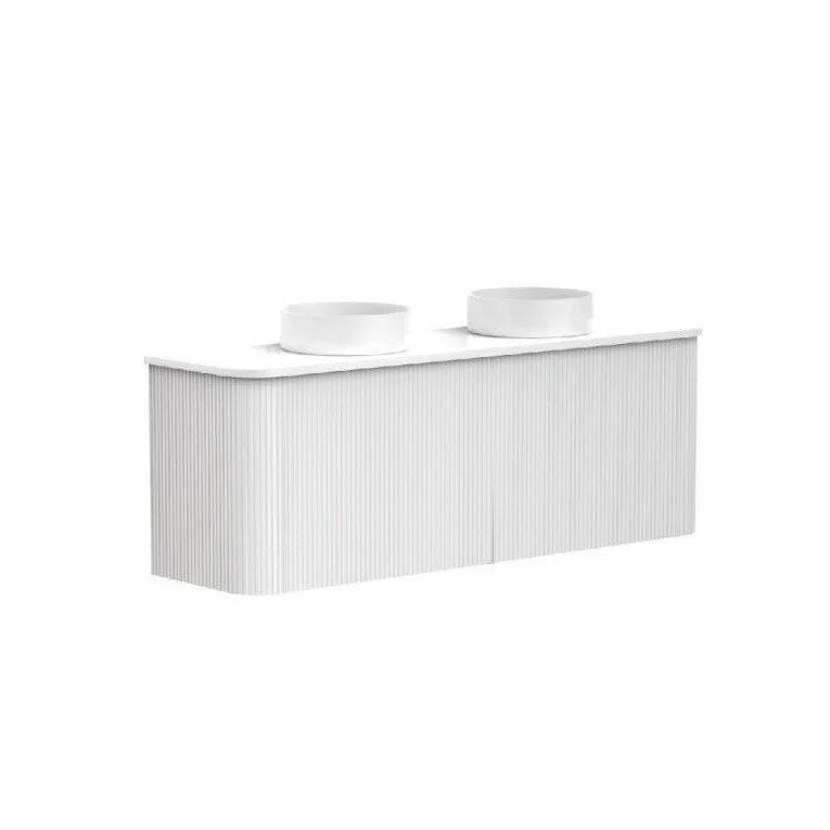 White bathroom vanity with two sinks on a white background