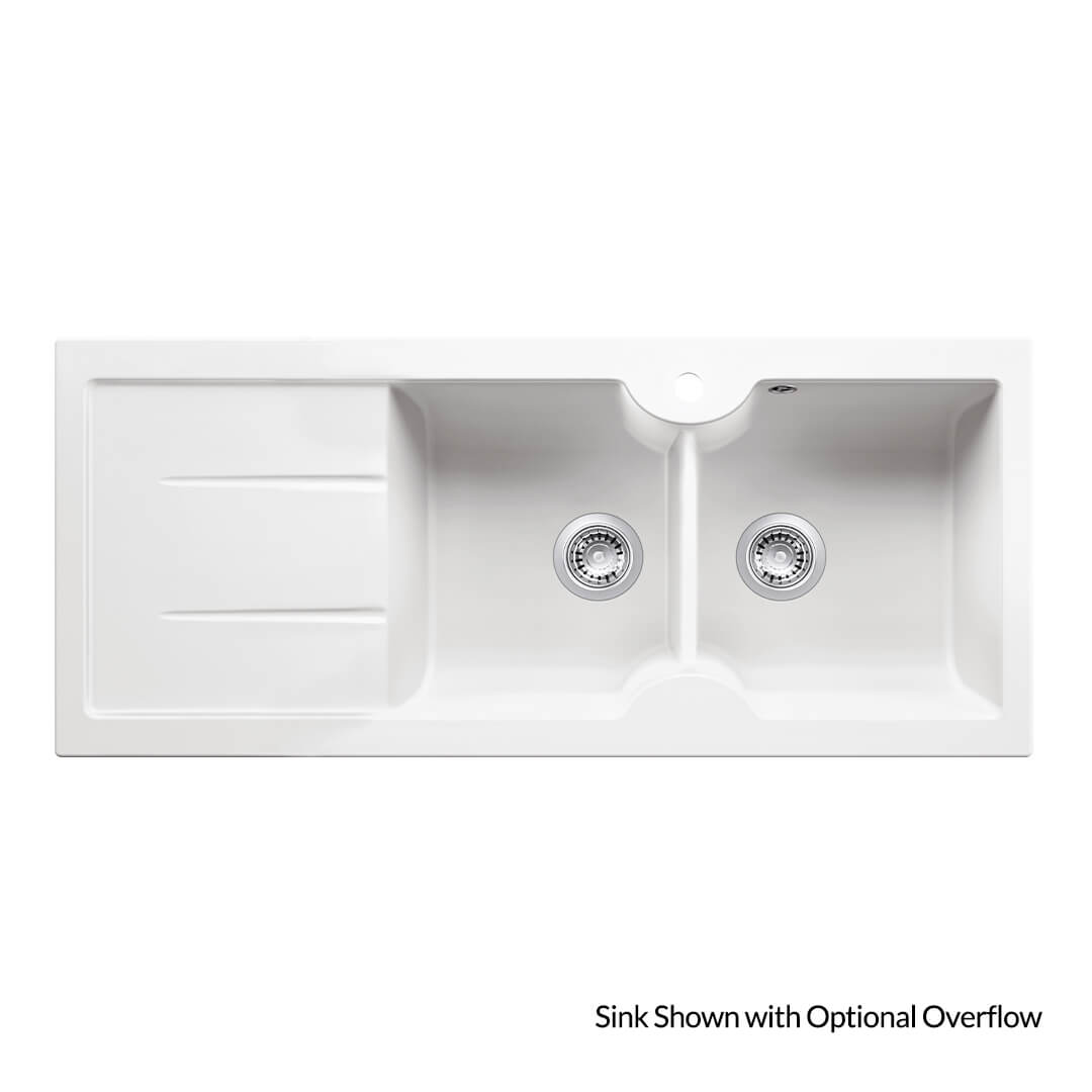 White kitchen sink with two basins on a white background