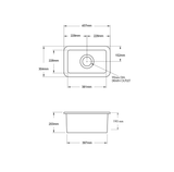 Technical dimension drawing of a rectangular sink or basin with front and side views, showing measurements such as 457mm width, 304mm height, 381mm base, 203mm side height, and 190mm depth, plus a 90mm drain outlet.