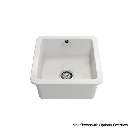 White kitchen sink on a white background with text indicating optional overflow feature.