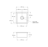 Technical dimension diagram of a square drain assembly, showing top-down and side-profile measurements with labels for outer dimensions and a 90 mm drain outlet on a white background.