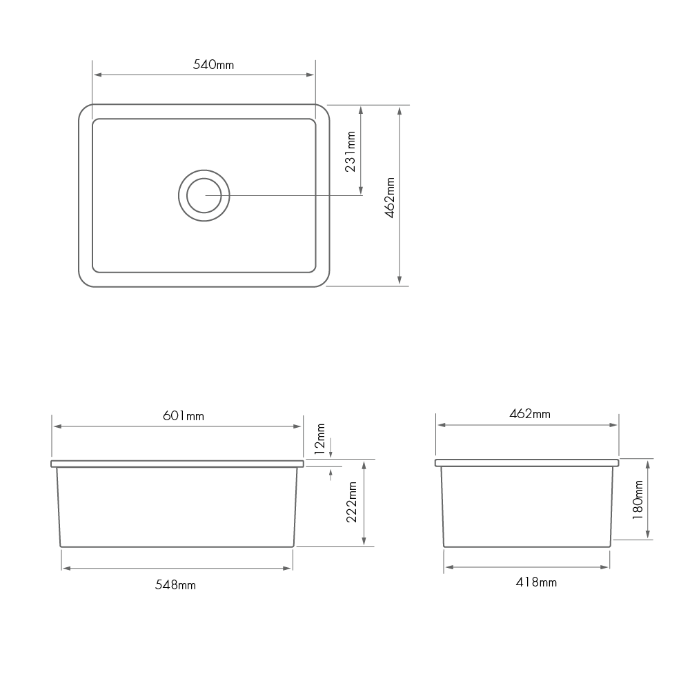 Technical drawing of a kitchen sink with dimensions