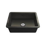 Black kitchen sink with drain on a white background