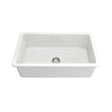 A white rectangular farmhouse-style kitchen sink with a single basin and a central drain, shown on a plain white background.