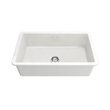 A white rectangular farmhouse-style kitchen sink with a single basin and a central drain, shown on a plain white background.