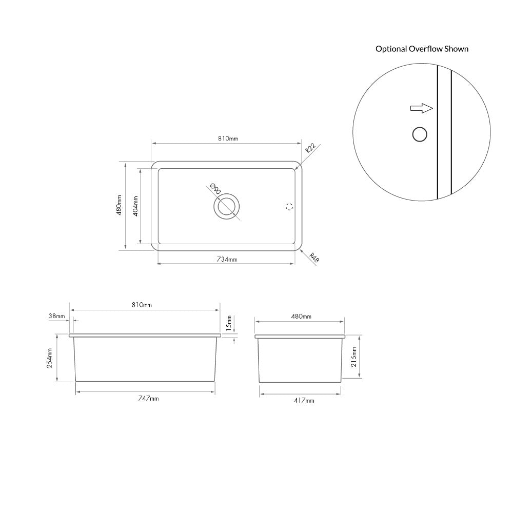 Black and white technical dimension drawing of a rectangular planter or tub, showing front, side, and top views with measurements, plus an inset circle labeled 'Optional Overflow Shown'.