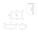 Black and white technical dimension drawing of a rectangular planter or tub, showing front, side, and top views with measurements, plus an inset circle labeled 'Optional Overflow Shown'.