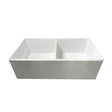 A white ceramic double-bowl farmhouse sink with a rectangular shape and a central divider, shown against a plain white background.
