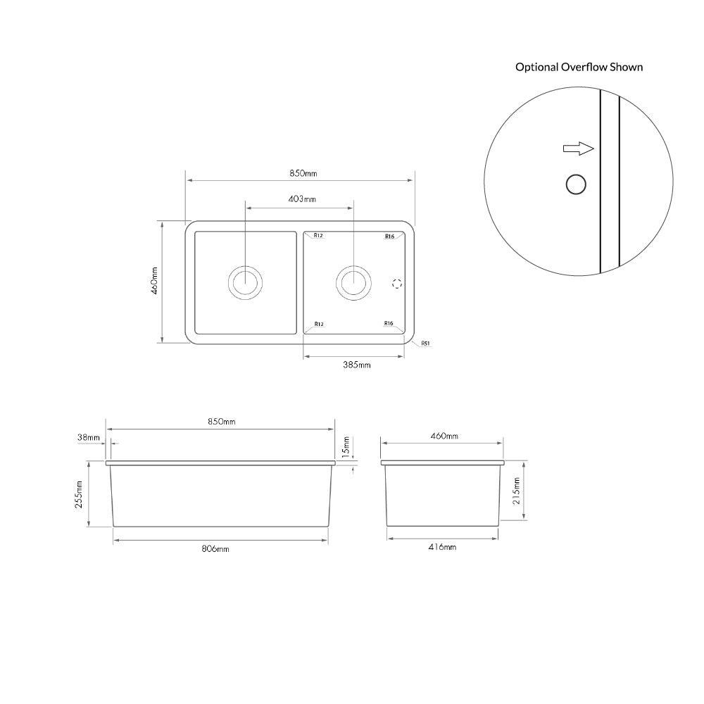 Cuisine 85 x 46 Matte White Double Inset / Undermount Fine Fireclay Sink