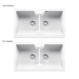 Two white double-basin kitchen sinks shown on a light gray background, stacked vertically with text labels reading 'with Overflow' above and 'No Overflow' below. The top sink has a raised divider and a circular overflow hole at the top center, while the bottom sink does not.