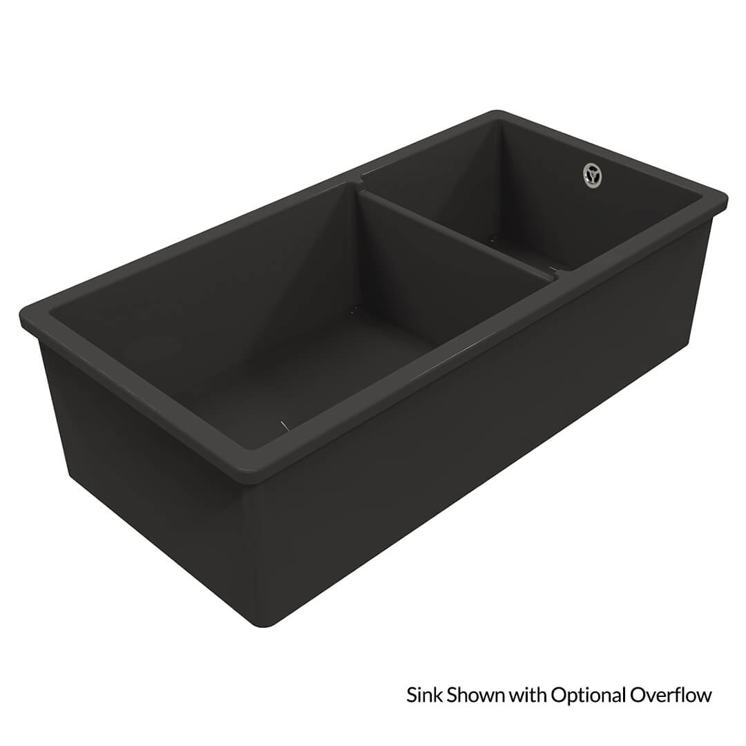 Black double basin sink on a white background
