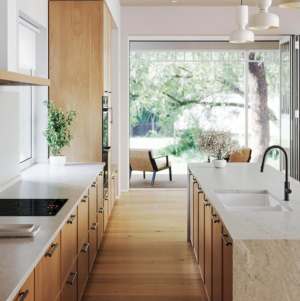 Modern kitchen with wooden cabinets, white countertops, and a large window.
