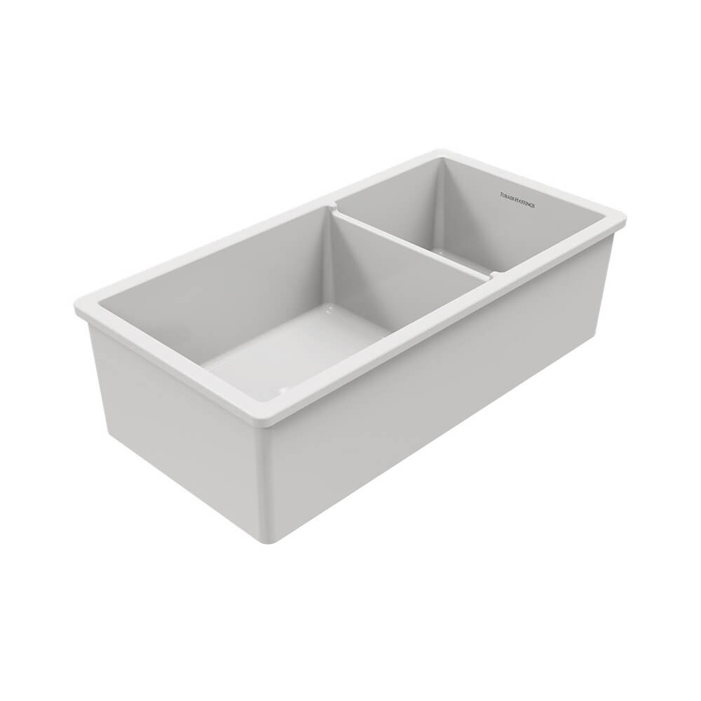 Gray double basin kitchen sink on a white background