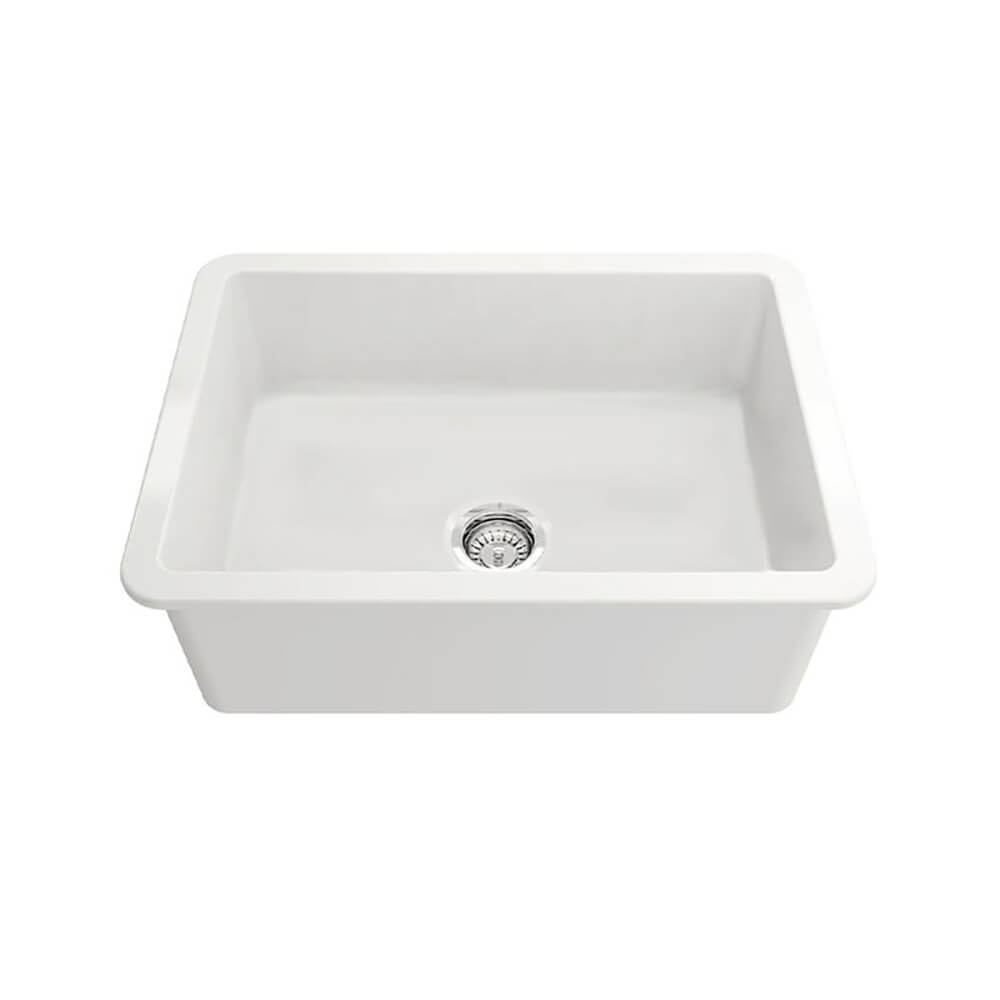 White ceramic kitchen sink on a white background