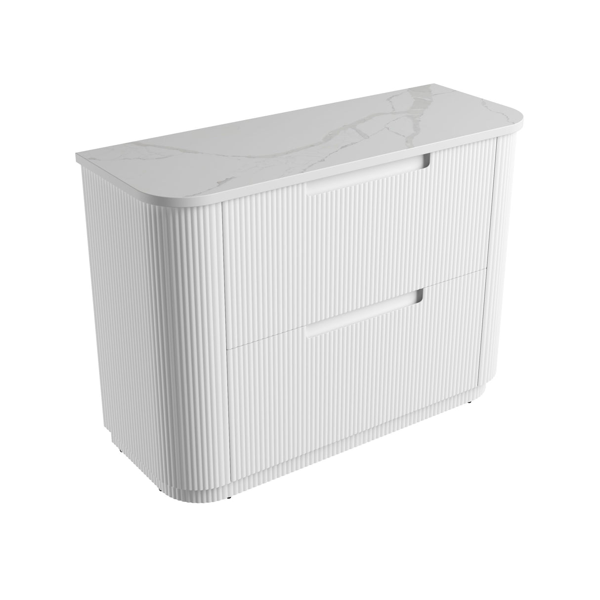 White bathroom vanity with marble countertop on a white background