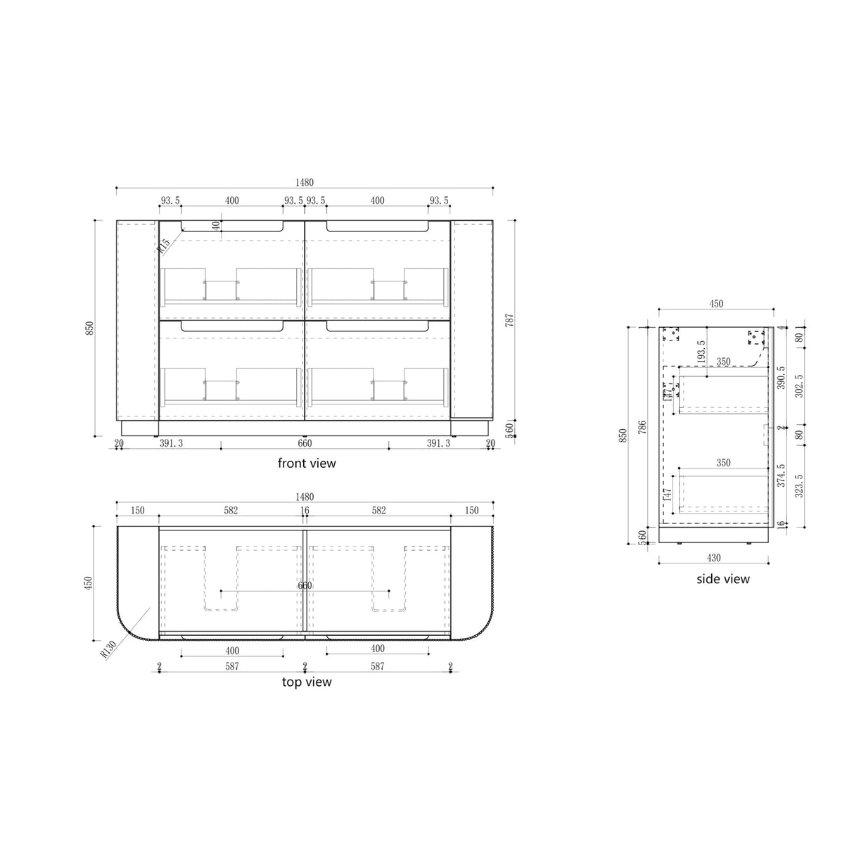 Technical drawing with dimensions of a rectangular object from front, side, and top views.