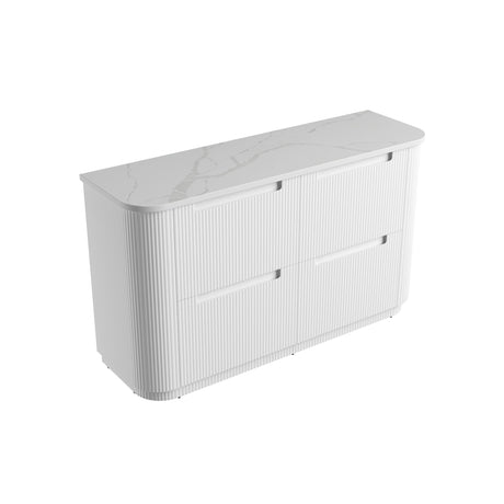 White bathroom vanity with marble countertop on a white background