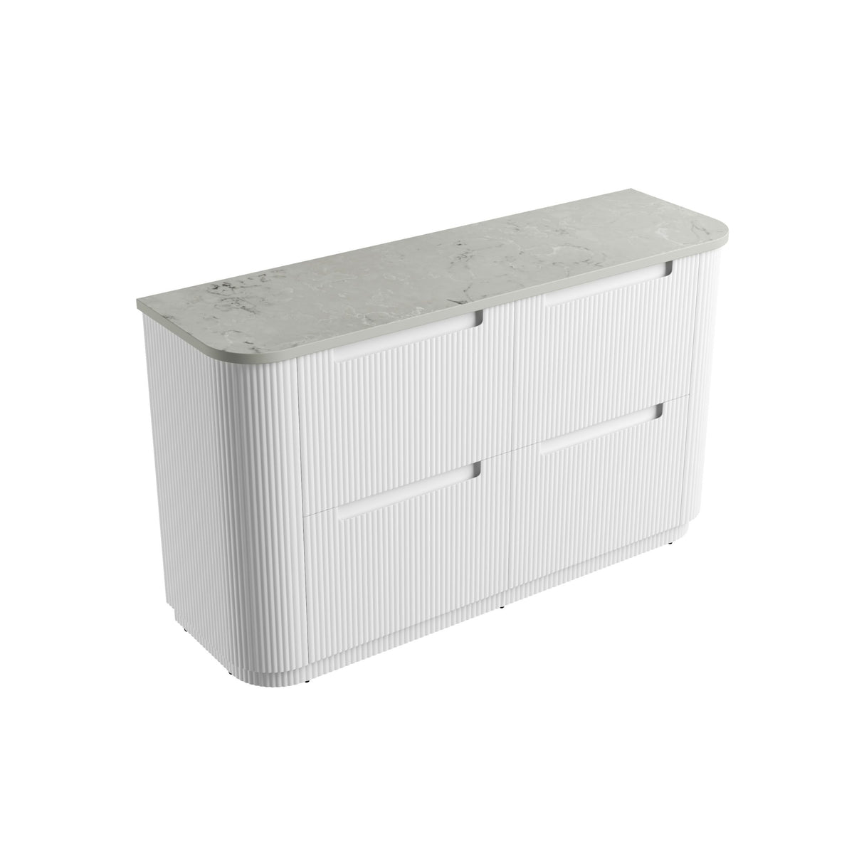 White storage bench with a marble-like top on a white background